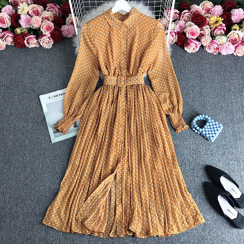 French dress spring 2025 new women's polo collar slim long polka dot chiffon pleated skirt tide