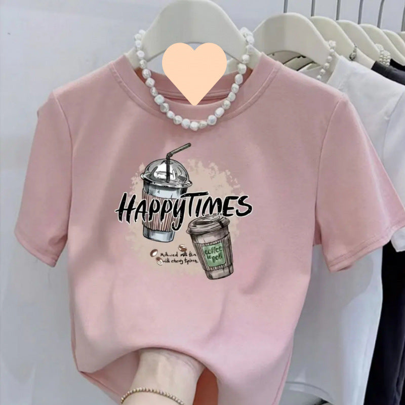 Cotton design round neck printed short-sleeved shirt for women summer slim fit all-match tops