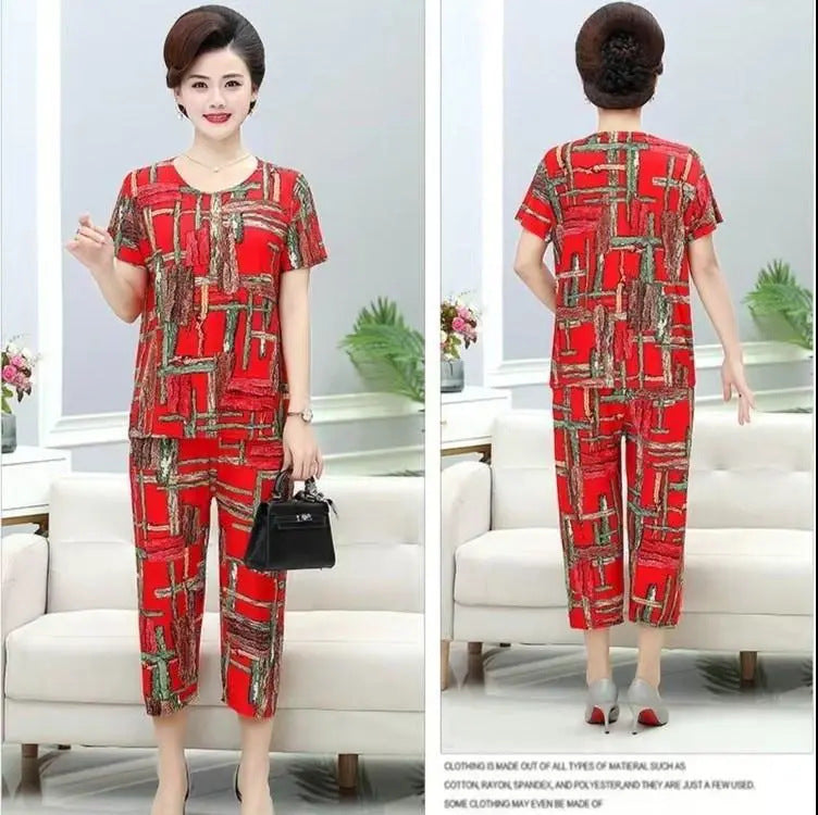 Middle-aged and elderly mother summer two-piece suit middle-aged women's suit women's suit middle-aged and elderly suit