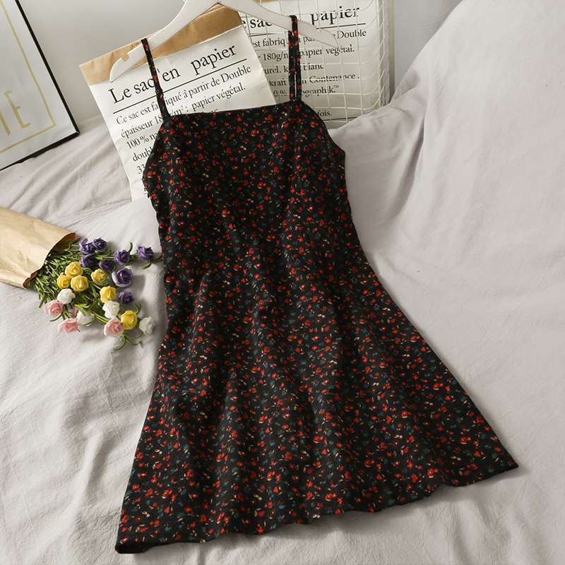 Summer retro printing short halter dress women's new versatile high waist thin floral suspender skirt