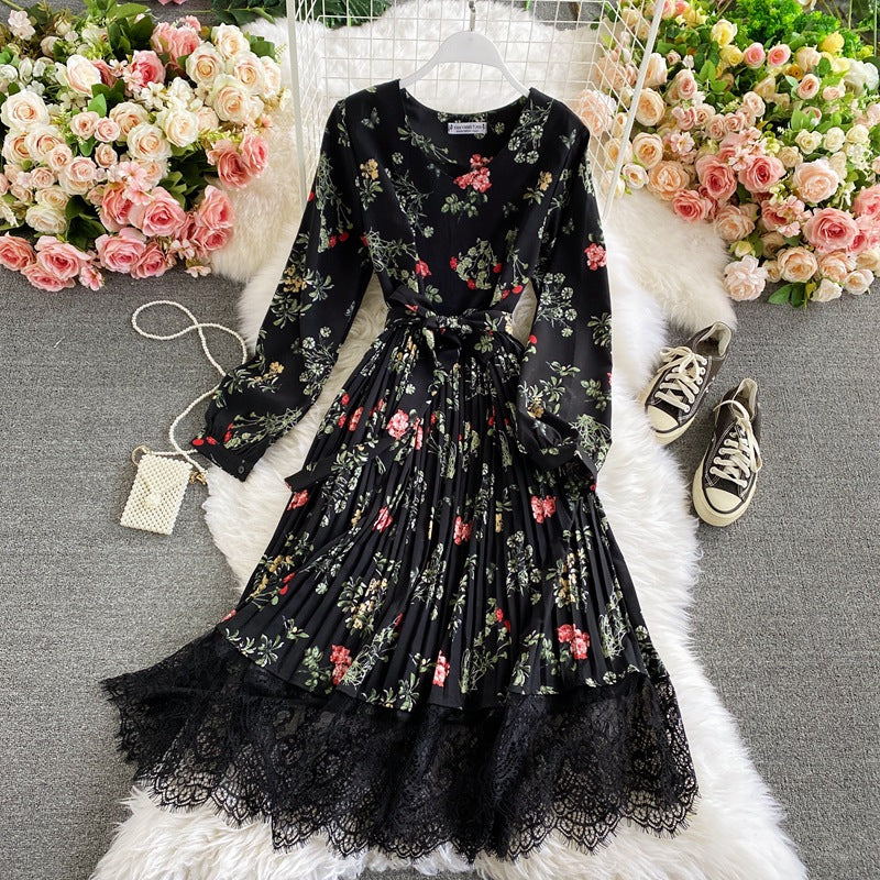 Retro floral V-neck waist thin lace splicing pleated dress color fashion temperament big pendulum long skirt