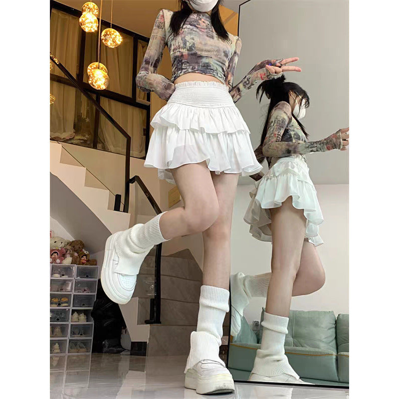 Ballet girl style elastic cake skirt foreign style double-layer small skirt pants white high-waisted thin fairy culottes
