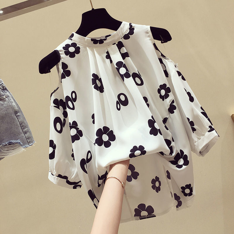 Large size women's clothing summer fat sister loose versatile off-the-shoulder short-sleeved chiffon shirt foreign style thin belly top