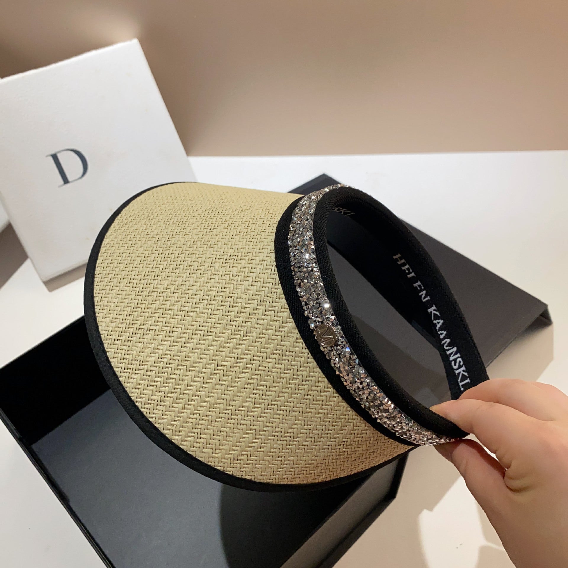 Summer vinyl straw double-layer sunscreen empty top hat fashionable and simple rhinestone fine flash trendy sunshade topless cap