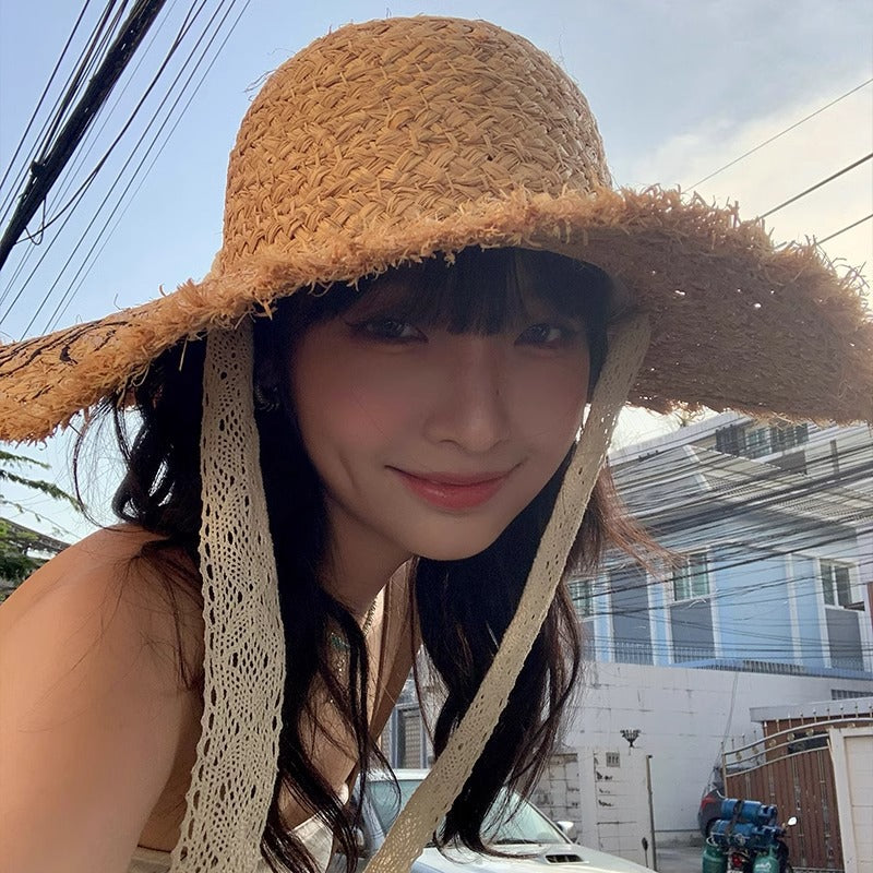 Lace-up letter Lafite straw hat women's summer 2025 new seaside beach sun hat big brim hat tide