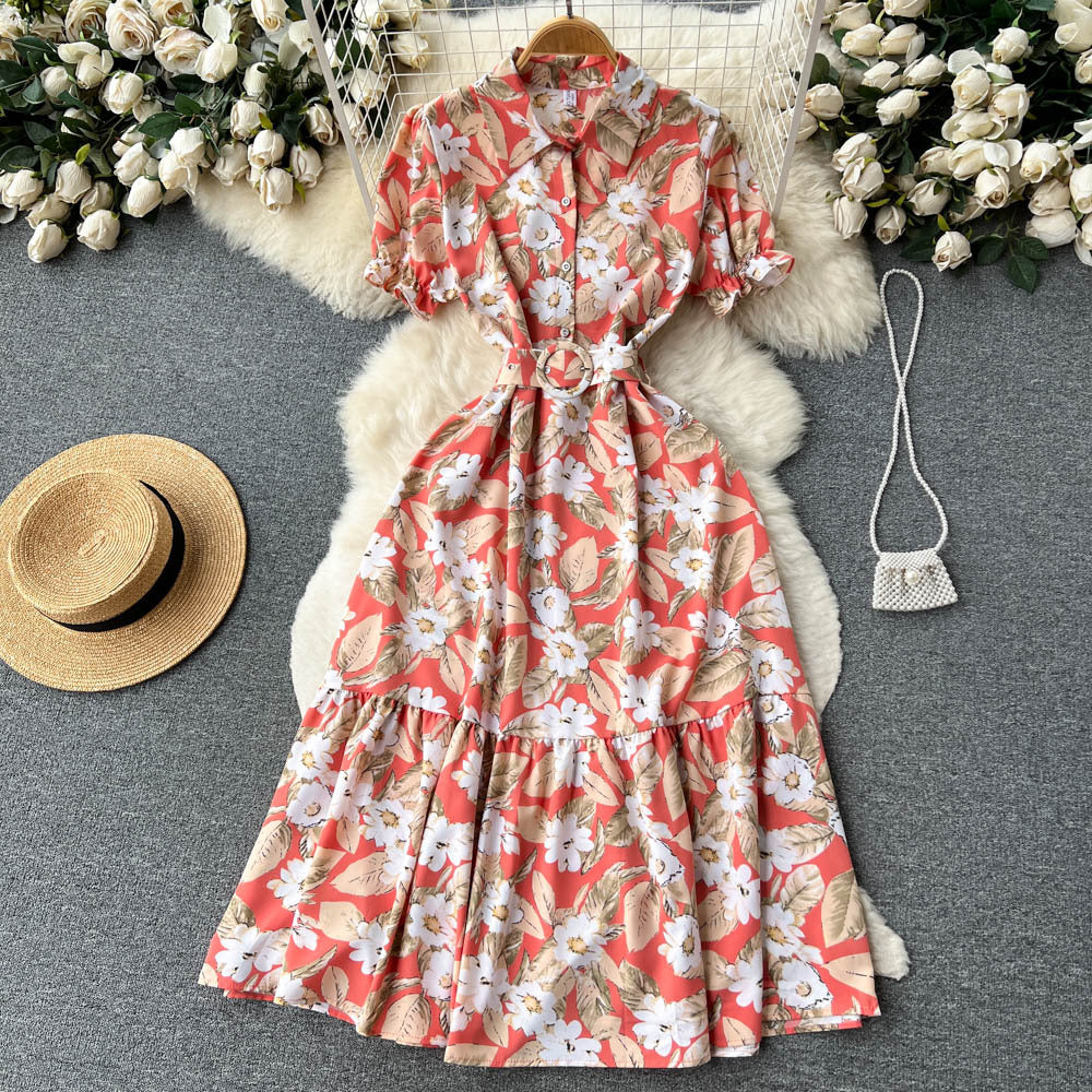 French high-end floral dress women's summer retro style lapel bubble sleeve temperament super fairy coffee break lisianthus skirt