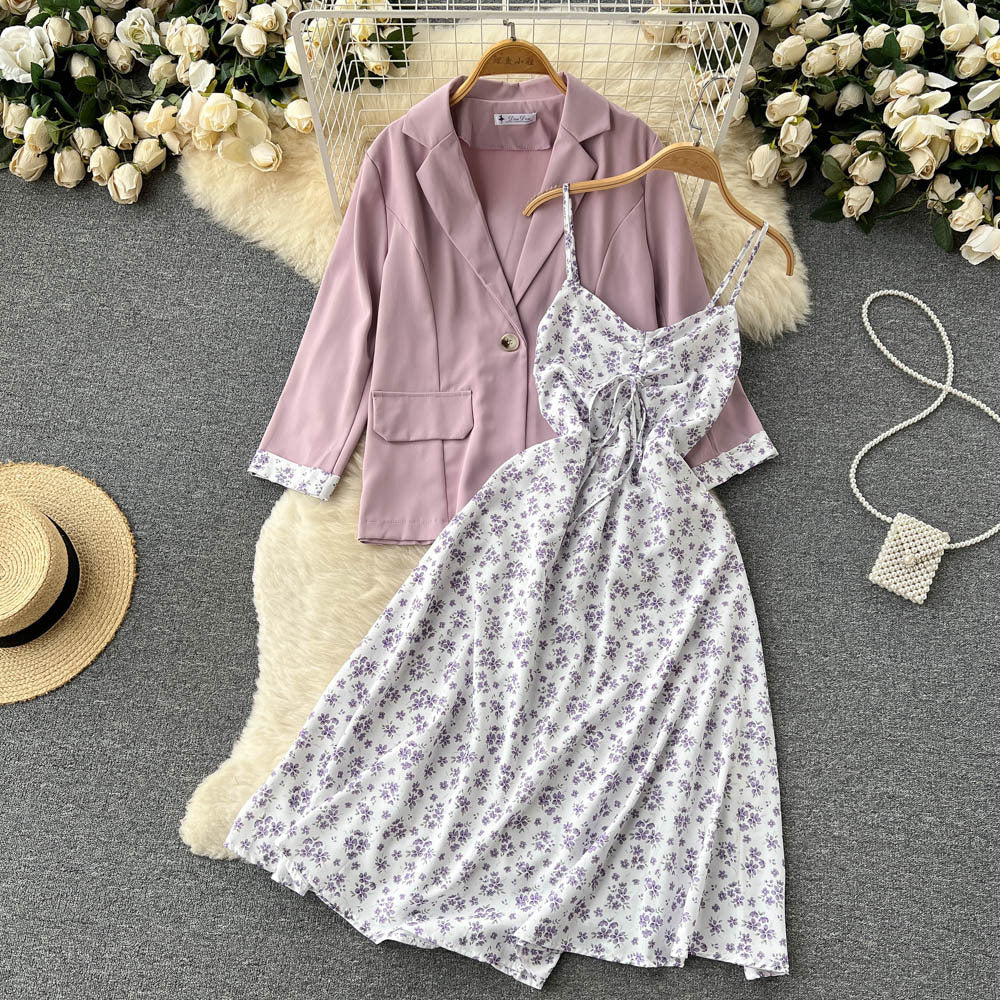 French high-end loose, sweet and salt suit women's long-sleeved suit jacket + floral fairy suspender dress