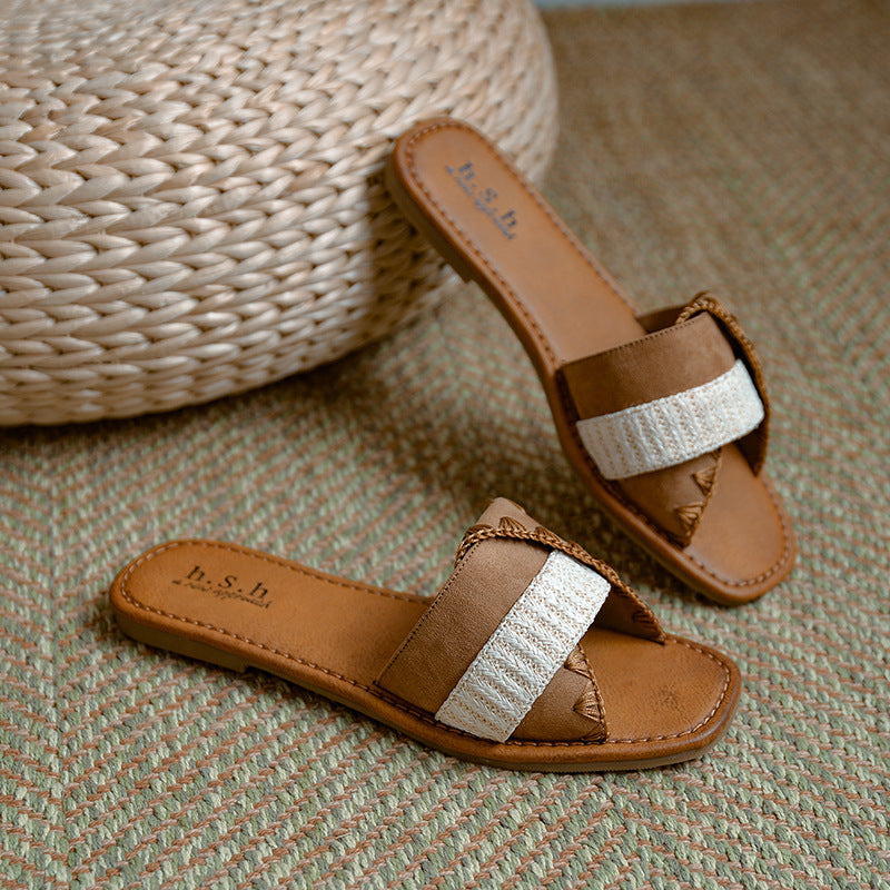 Large size slippers women's summer outer wear color matching French high-end flat bottom with skirt cool slippers