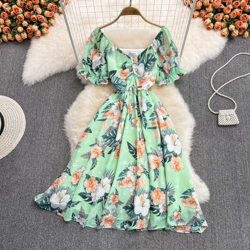 Summer new gentle wind long waist V-neck floral chiffon dress super fairy Mori first love lisianthus skirt