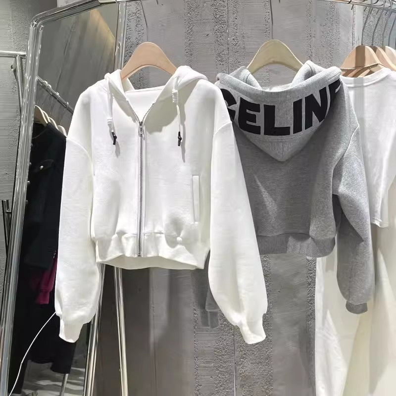 Letter printing loose short sweater women's spring and autumn ins tide bf cute wind thin hooded drawstrings on clothes