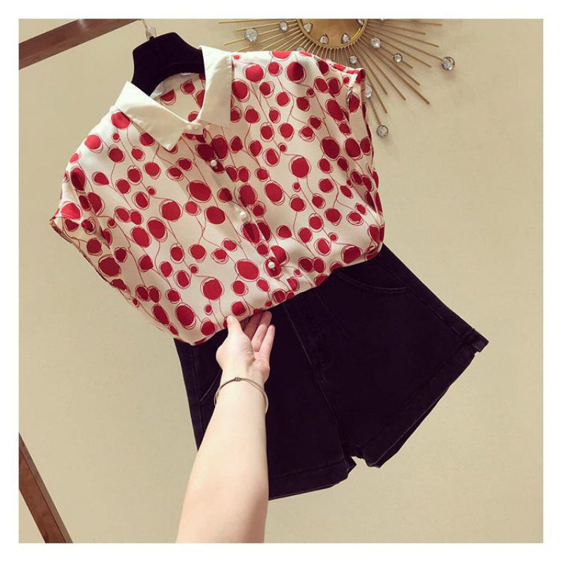 2025 new summer French polka dot chiffon shirt T-shirt women's design sense niche fat sister short-sleeved top