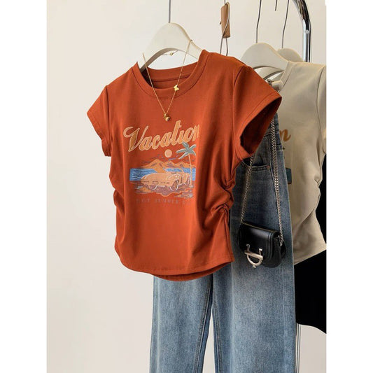 American retro printed front shoulder short-sleeved T-shirt for women's summer spice slim and thin pleated short top i
