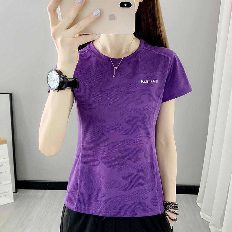 Outdoor quick-drying t-shirt women's sports running fitness loose round neck camouflage thin micro-elastic summer short-sleeved quick-drying clothes