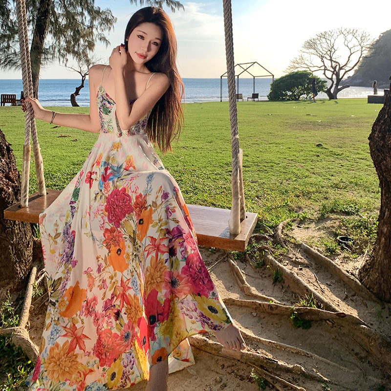Women's summer beach long skirt colorful floral suspenders high waist holiday dress