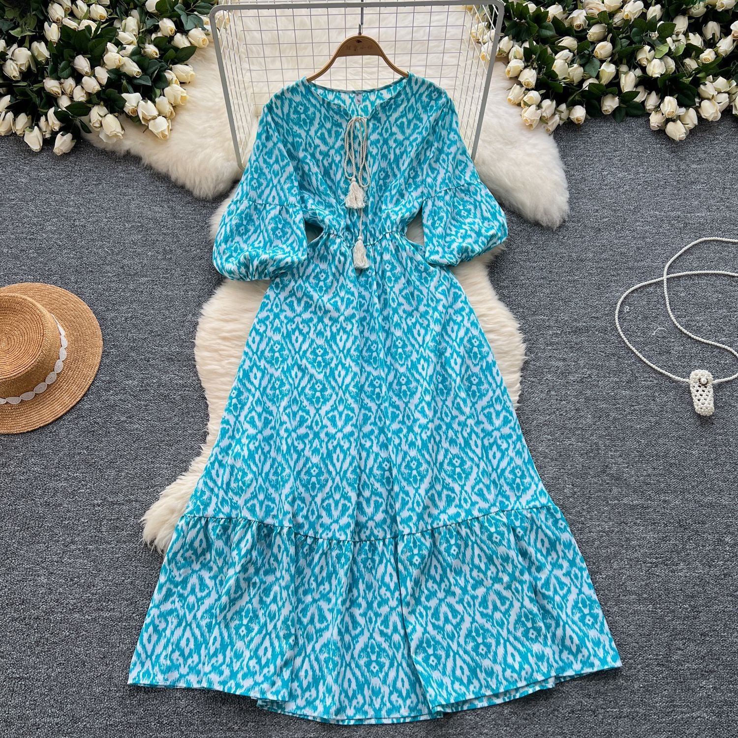 French retro bubble sleeve floral dress women's summer strap waist design sense light luxury temperament big swing dress