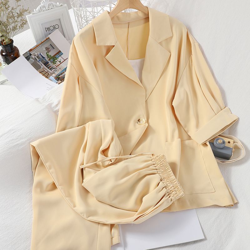 Suit Women's Fashion Summer Loose Suit Collar Seven-point Sleeve Jacket Nine-point Wide Leg Pants Suspender Three-piece Set