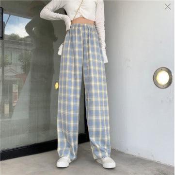 Thin plaid pants women's spring draped straight pants pink loose small pajama pants high waist plaid wide leg pants