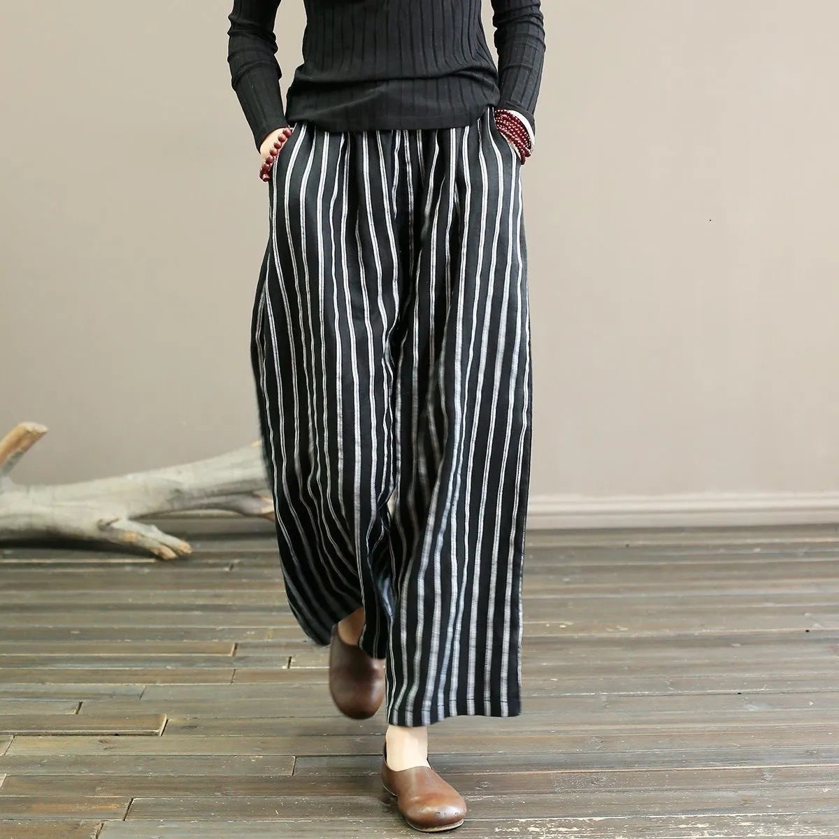 Literary cotton and linen striped wide-leg pants summer 2025 new women's large size thin and draped casual straight nine-point pants tide