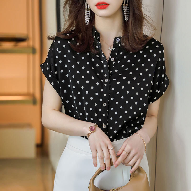Polka dot top chiffon shirt stand-up collar shirt women's clothing 2025 new summer short-sleeved fashion Muse shirt short-sleeved women