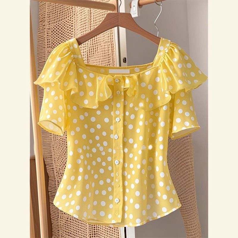 French unique top dopamine foreign yellow polka dot ruffle leaf edge short-sleeved shirt popular this year