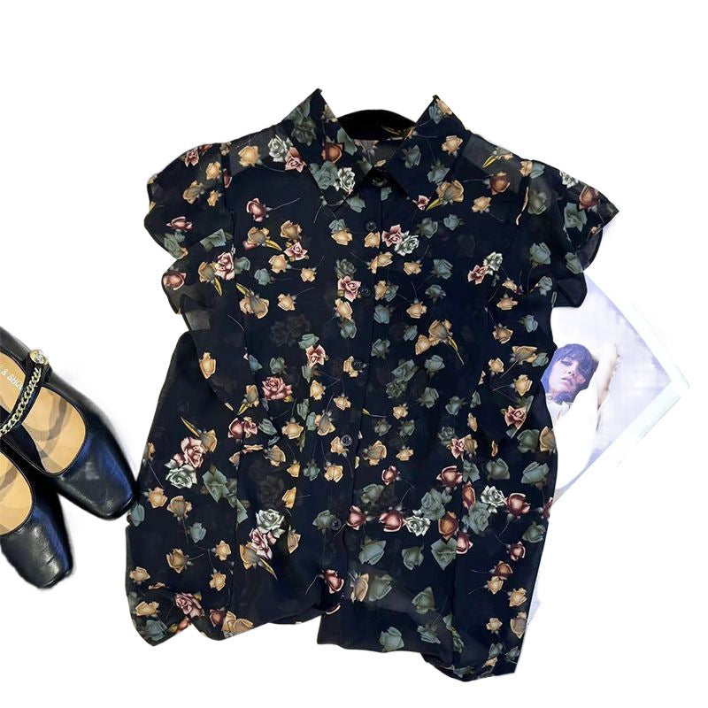 Retro high-end foreign floral chiffon shirt small fashionable fresh collar ruffled edge flying sleeve top