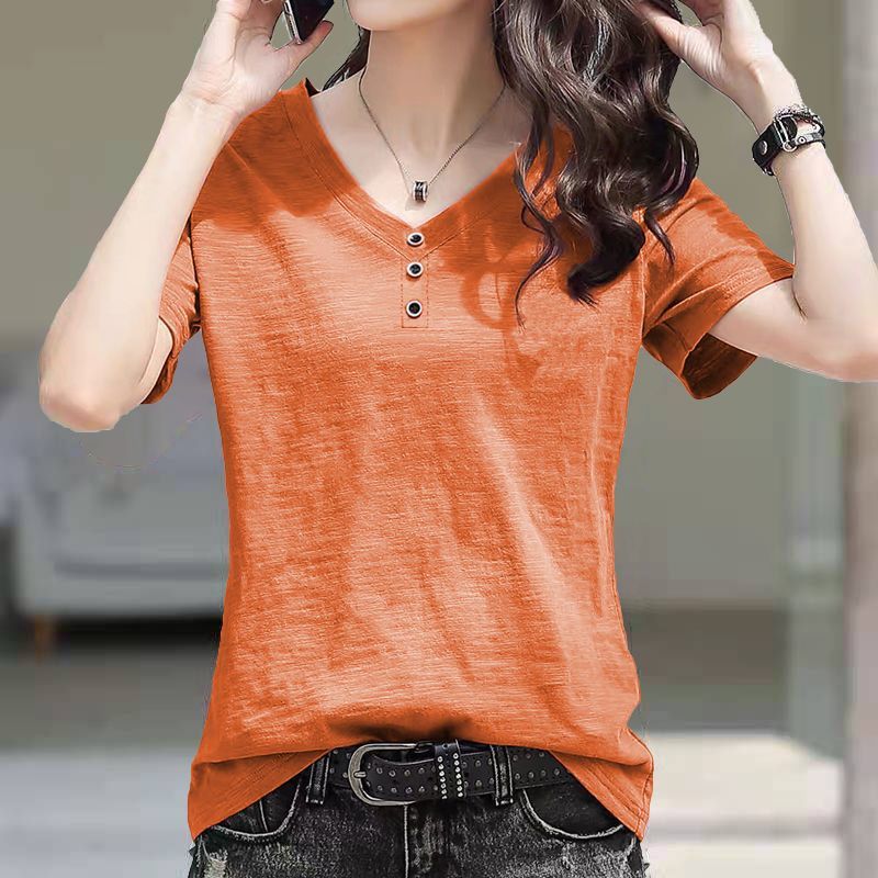 Single/two pieces bamboo cotton V-neck short-sleeved T-shirt women's 2025 summer clothing Korean version of the new loose large size thin top tide