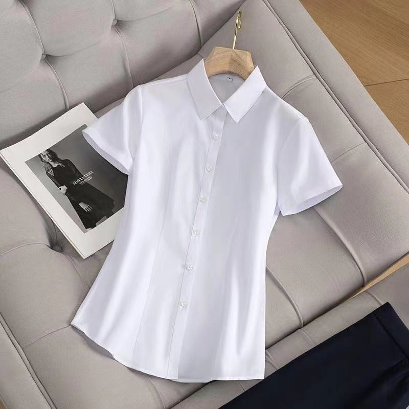 High elasticity professional women's summer new short-sleeved black shirt hotel beauty salon formal tooling work clothes shirt