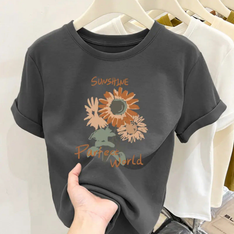 Retro butterfly pure cotton design sense round neck printed short sleeve T-shirt women's summer slim fit versatile foreign style top tide