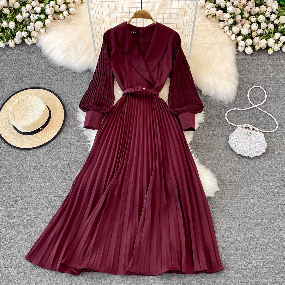 Spring French retro suit collar strap waist thin pleated dress commuter fashion high waist big swing dress