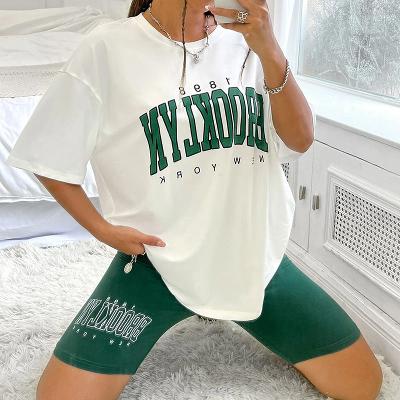 European and American outer wear pullover casual suit women's pajamas loose T-shirt tight shorts slim suit loungewear