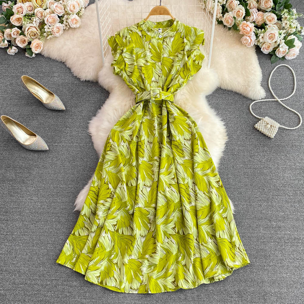 Gentle wind stand-up collar waist and thin printed A-word big pendulum dress 2025 summer high waist elegant temperament long dress