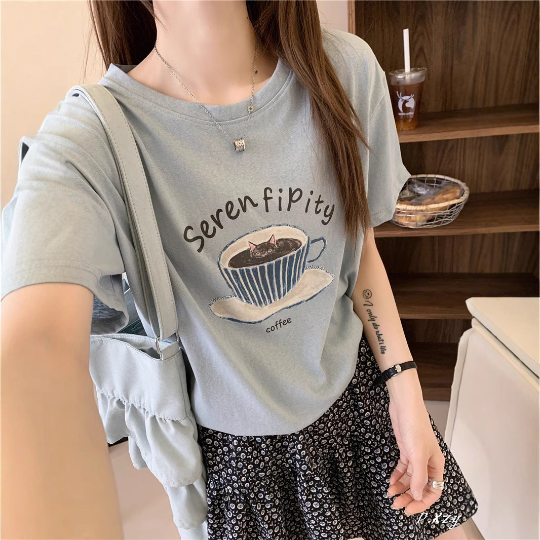 BK summer new Korean version casual women's short-sleeved crew neck T-shirt simple and cute cartoon thin cotton shirt women's versatile