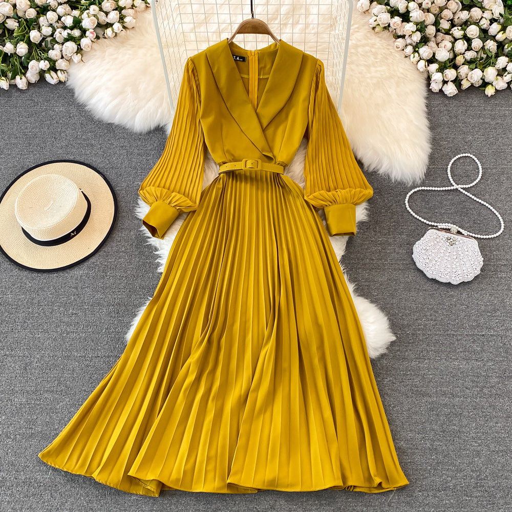 Spring French retro suit collar strap waist thin pleated dress commuter fashion high waist big swing dress