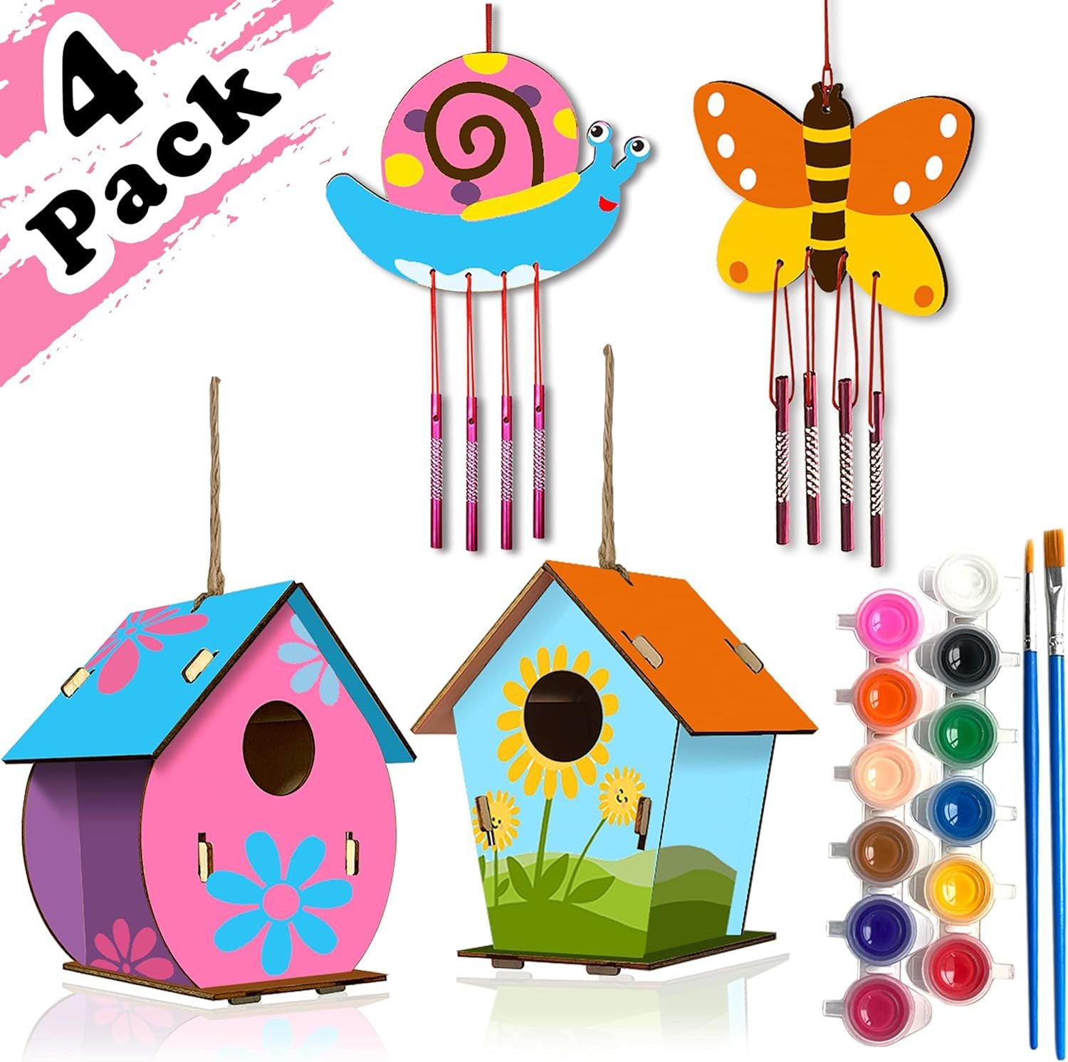2-Piece DIY Birdhouse Wind Chimes Children's Crafts Handmade Kit Painting Kit Including Paint and Brushes