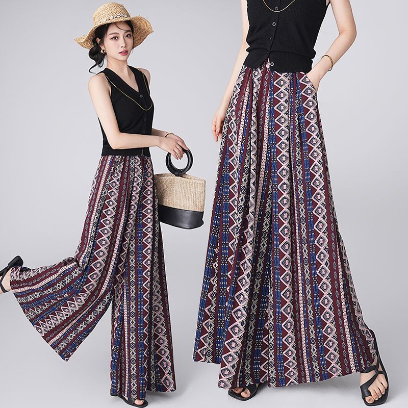 Printed beach culottes 2025 summer new high-waisted and thin sunscreen pants loose nine points/trousers casual women's trousers