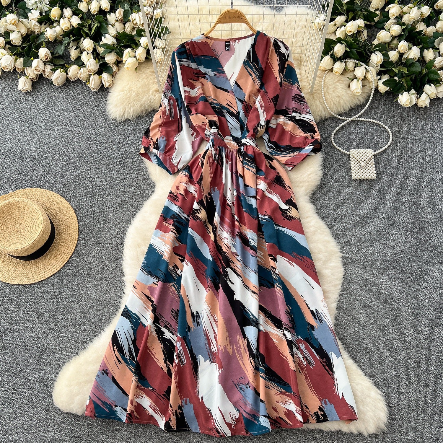 Light and mature style niche retro V-neck seven-quarter sleeve printed dress women's French waist and thin temperament A-shaped long skirt