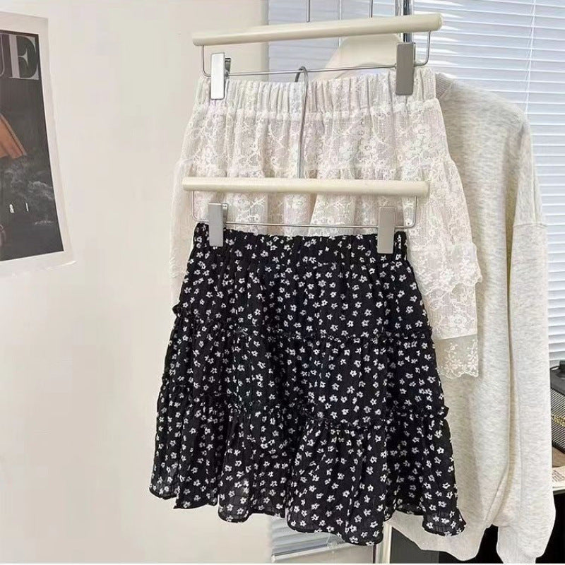 Black floral cake skirt spring and summer small 2025 high waist and thin anti-light puffy skirt