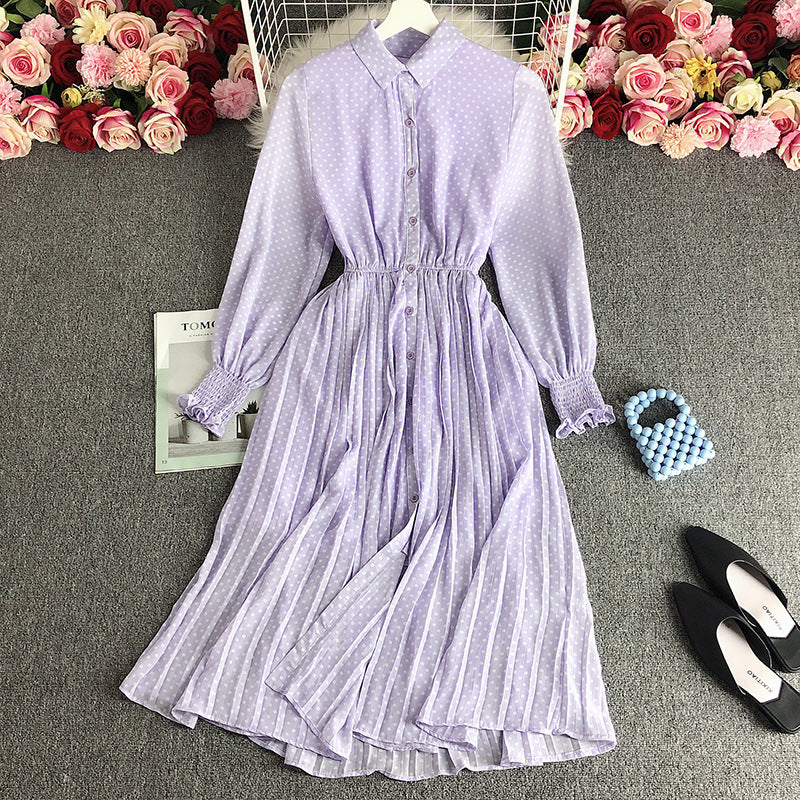 French dress spring 2025 new women's polo collar slim long polka dot chiffon pleated skirt tide