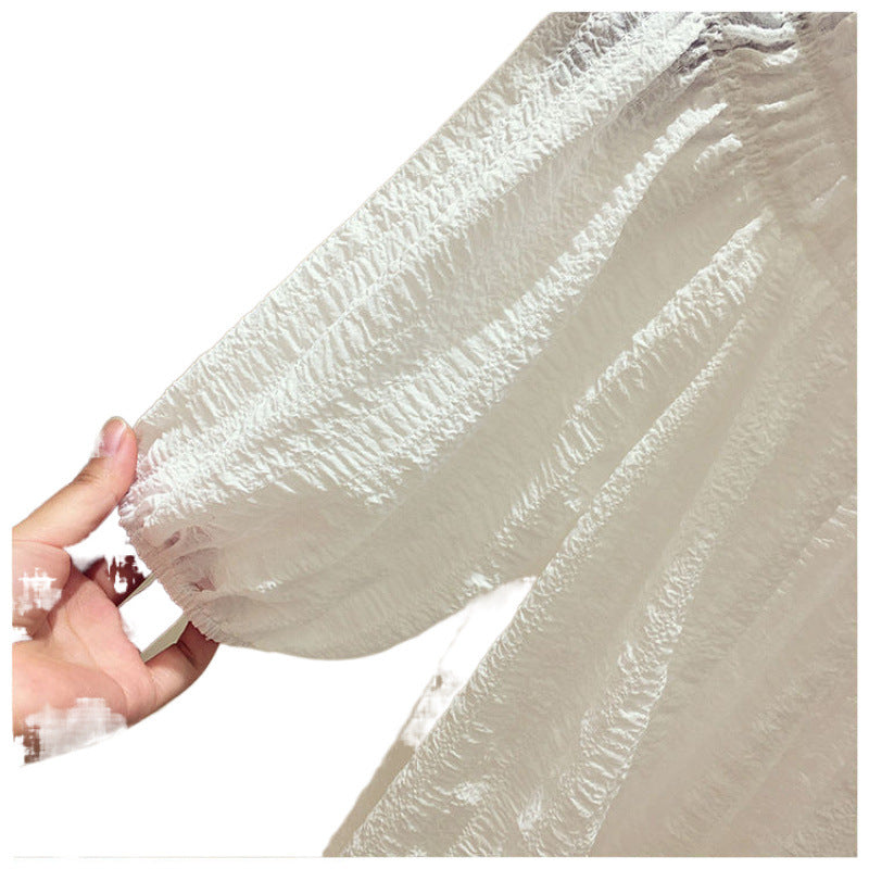 Korean bubble sleeve pleated age-reducing chiffon shirt 2025 summer new one-word collar off-the-shoulder temperament belly cover top