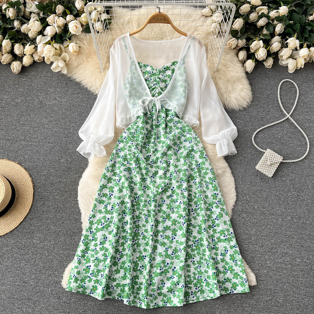 French retro age-reducing bell-covering and thin floral suspender dress chiffon shawl jacket sweet temperament two-piece set