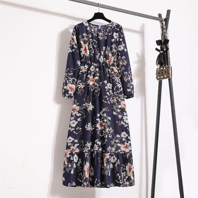 2025 spring new European and American floral long dress round neck long sleeve waist thin A-shaped dress