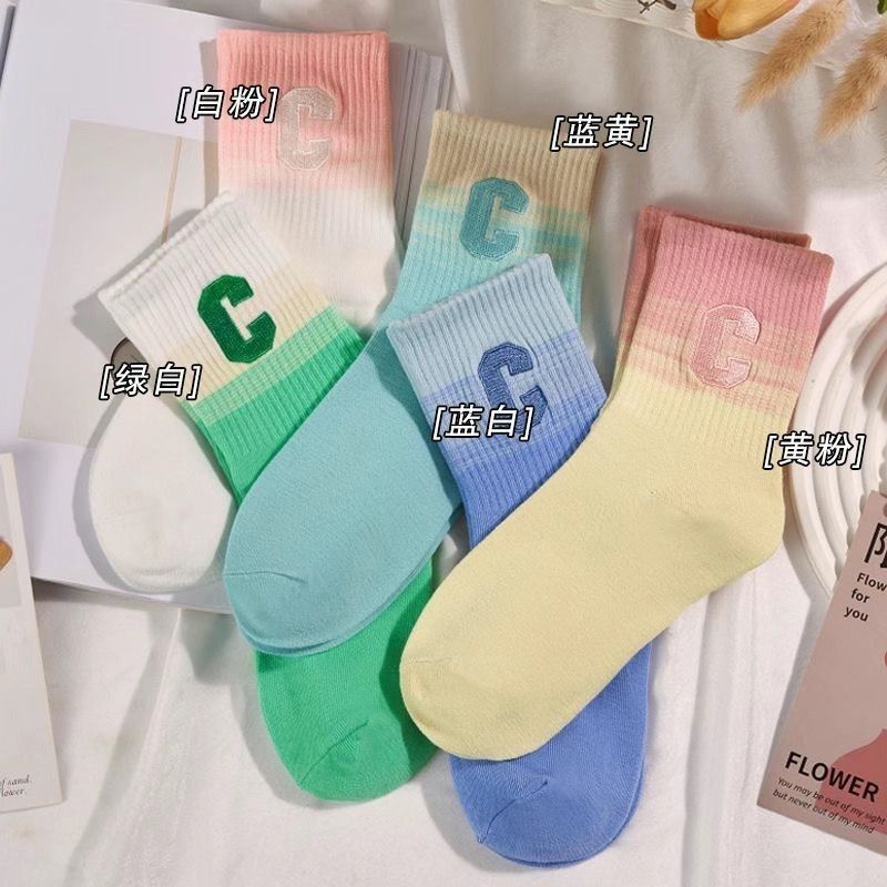 Socks women's spring new media tube gradual change large C letter dopamine sweat-absorbing breathable casual sports socks