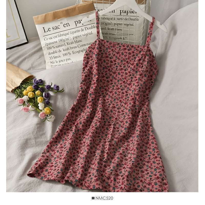 Summer retro printing short halter dress women's new versatile high waist thin floral suspender skirt