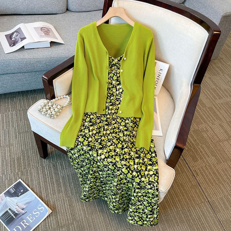 2025 spring new large size women's clothing fat MM sweet floral white dress knitted ice silk cardigan two-piece set