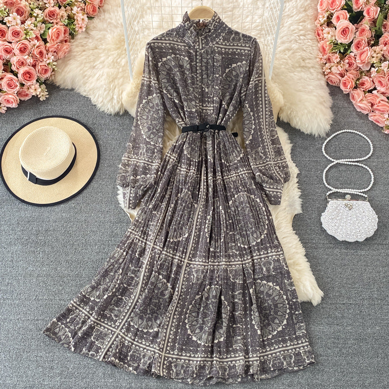 Seaside vacation stand-up collar pleated dress spring and autumn new foreign style lantern sleeves waist and thin printed big swing dress