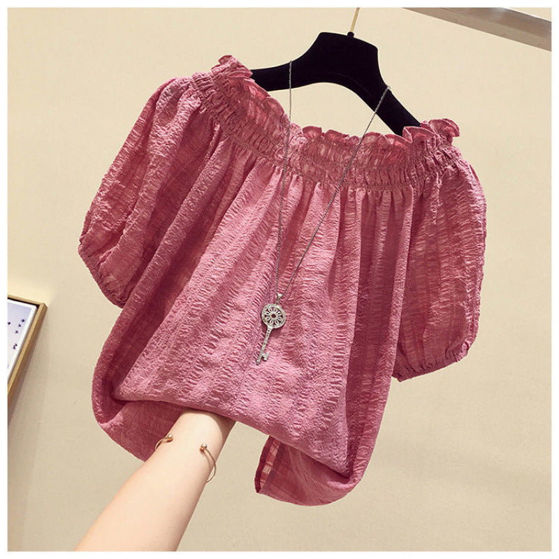 Korean bubble sleeve pleated age-reducing chiffon shirt 2025 summer new one-word collar off-the-shoulder temperament belly cover top