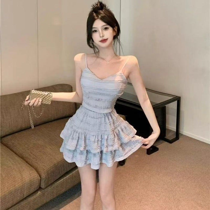 Spice girl two-piece suit skirt women's summer 2025 new short suspender lace top high waist cake skirt