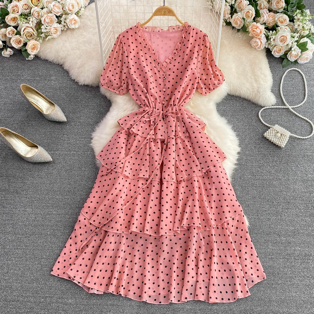 Summer gentle wind collar bubble short sleeves waist thin polka dot dress elegant temperament big pendulum long skirt