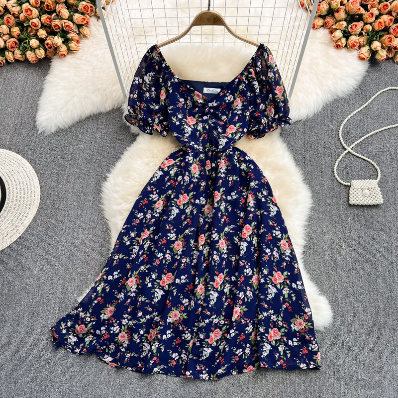 Summer new gentle wind long waist V-neck floral chiffon dress super fairy Mori first love lisianthus skirt