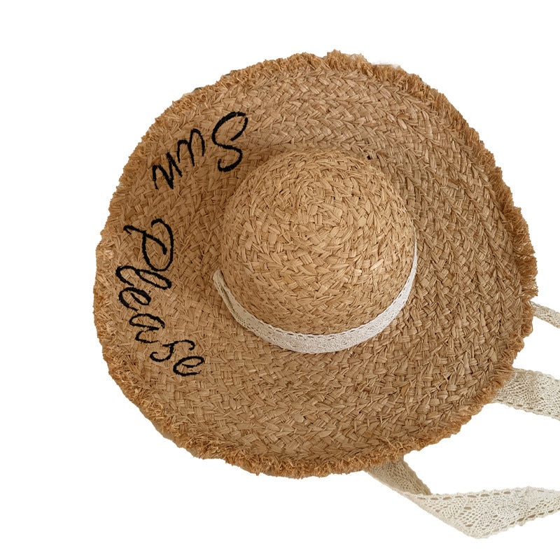 Lace-up letter Lafite straw hat women's summer 2025 new seaside beach sun hat big brim hat tide